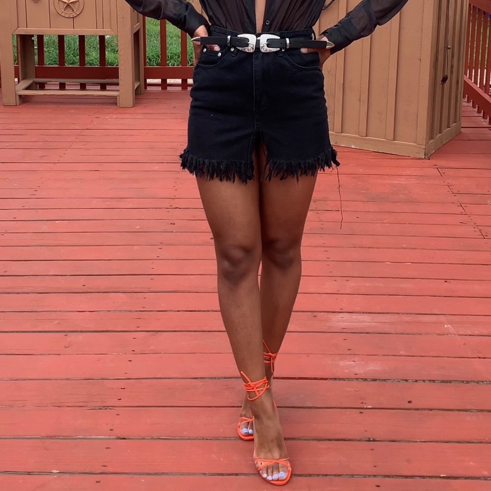 Boohoo Black Jean Fringe Mini Skirt